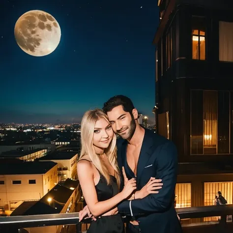 tom ellis and taylor momsen looking at eachother smiling calmly as they stand at the top of a rooftop building restaurant in los...