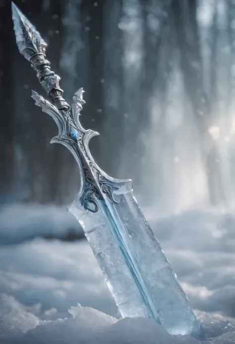 A frozen spear, has the power of ice, floating in the air, has ice around it , looks magical, has magical aura, high quality, high detail, 8k