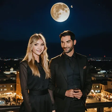 tom ellis and taylor momsen looking at eachother smiling calmly as they stand at the top of a rooftop building restaurant in los...