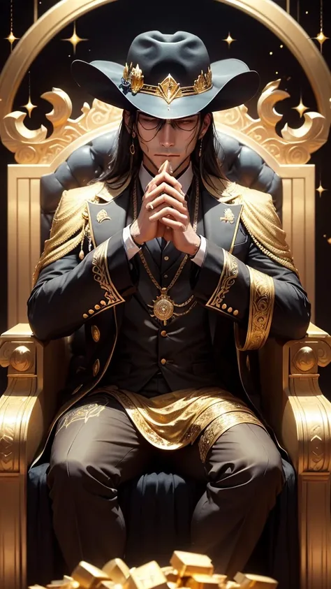 Taurus，A man in a black suit and hat wears gold jewelry all over his body. He lowers his head and cannot see his face, sitting on a golden throne and standing on a pile of gold.，There are gold coins and treasures scattered all around.，The environment is ma...