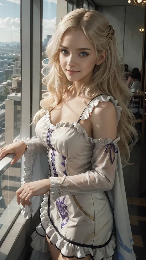 24-year-old Caucasian woman、Hair color is platinum blonde and purple gradation、Hair is wavy、Eye color is blue、long hair、slender、smile、beautiful breasts、slenderだが均整の取れた細マッチョな身体、She is wearing a transparent blouse with frills.、She&#39;s wearing a frilly arm ...