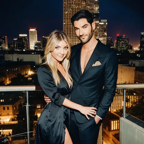 tom ellis and taylor momsen looking at eachother smiling calmly as they stand at the top of a rooftop building in los angeles at...