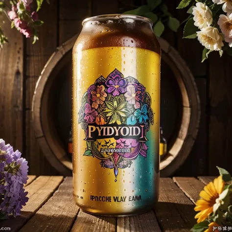 beer brand label "psydric cider",psychedelic ,soul,Various flowers,Too many colors,The aroma is alluring.,Decorate it to make this world beautiful.,flowers cider,4k