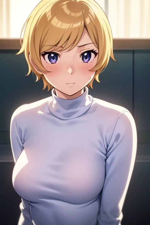 mangamichirum, 1girl, blond hair, short hair, blush, medium breast, (black long sleeve inner shirt, turtleneck), upper body, looking at view, (masterpiece, high resolution, best quality, anime screencap, anime colored, 8k, photorealistic)