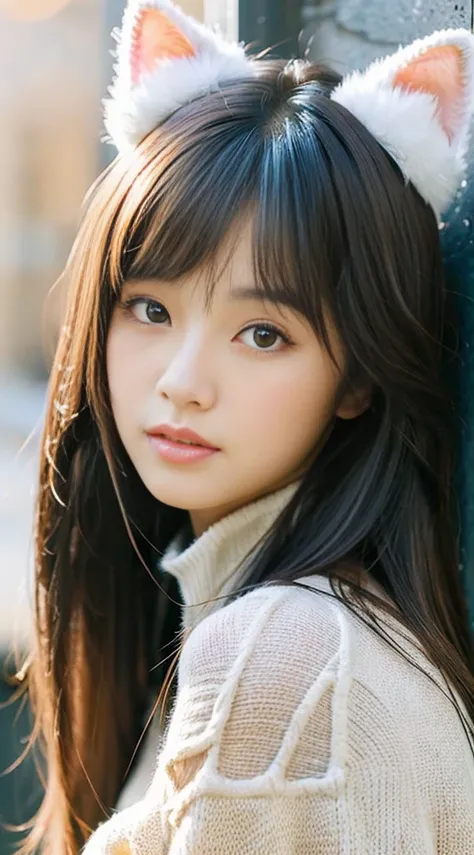 a close up of a woman with a cat ear and a sweater, beautiful young korean woman, neat hair with bangs, long hair with bangs, gorgeous young korean woman, asian girl with long hair, young cute wan asian face, brown long hair with bangs, beautiful girl mode...