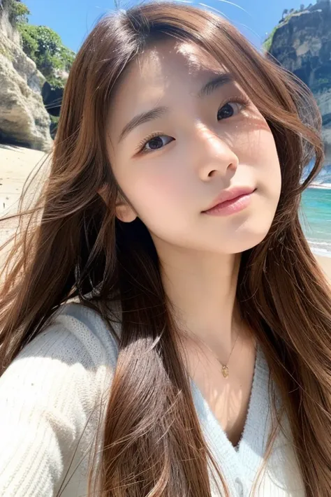 Japanese, woman, 23 years old, medium long hair, Chestnut color, No makeup, Selfie style, double eyelid, D cup, bust up photo, daytime, coastal