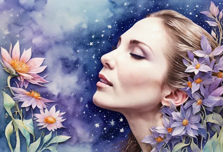 Marija. Watercolor Flowers , portraits, fantasy art, detailed features, vibrant colors, detailed  features, long flowers, subtle magical lighting, (three side view, 1 side potrait,2 side close, 3 side in the distance, photo collage), soft purple, film grai...