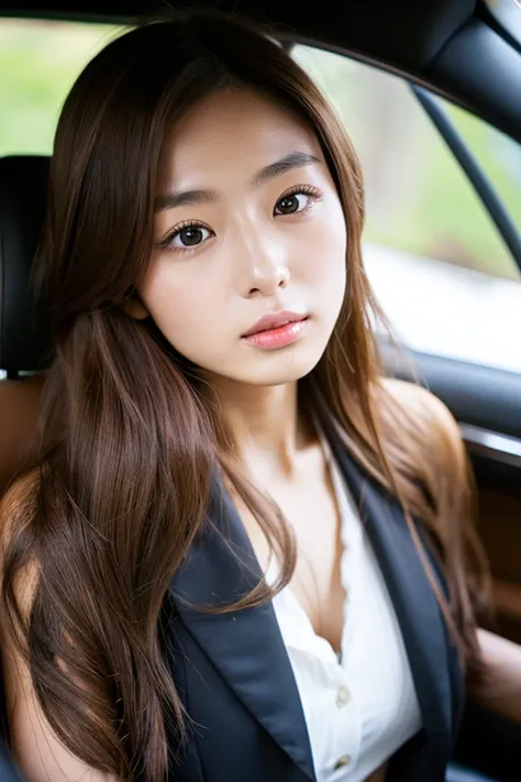 Japanese, woman, 23 years old, medium long hair, Chestnut color, No makeup, double eyelid, D cup, Emphasize bust up, BMW, car