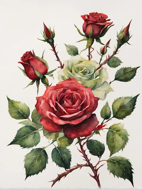 water color painting of roses, thorn, blood, green