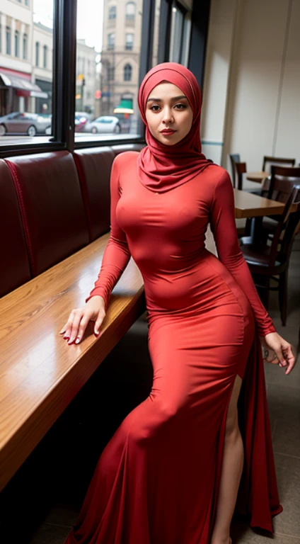 A photo of a young, arabic woman in hijab sitting in a cafe, wearing a long dress red , open leg, spread leg, surrounded by a cozy atmosphere, looking at the viewer.
Hijab, slender, red lips, transparent fabric, flirting with the camera