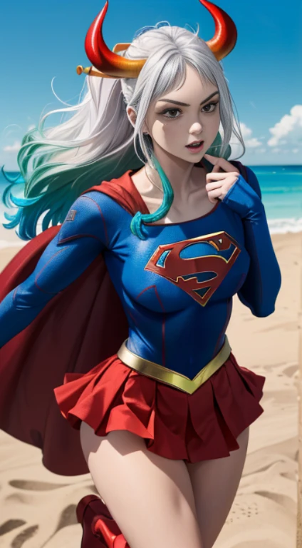 (melhor qualidade:1.3), supergirl, capa vermelha, s do super-homem no peito, blue swimsuit, red skirt, botas vermelhas, (demon g...