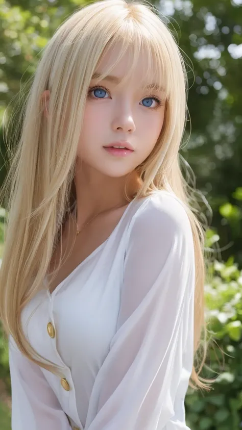 Clear white shiny skin、Cute sexy small beautiful face of a sexy big breasted teenager with windy blonde hair getting in the way in front of her cute face、Shiny bright straight blonde hair dances in front of a cute beautiful face、Long silky bangs covering c...