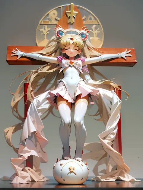 crucifixion, bishoujo figure, anime, photo realistic, sailor chibi moon, full body, closed eyes, face down, from below, best quality