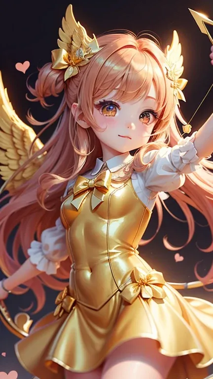 Golden Angel、chibi style details、Illustration of an angel with a golden bow and arrow, Tons of hearts on the background、High resolution.  