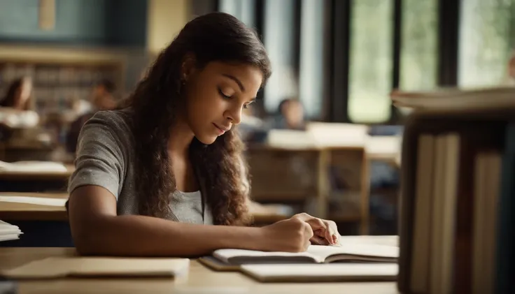 A high-resolution image showcasing a student sitting at a desk in a well-lit classroom, surrounded by books, notebooks, and a laptop, with a focused expression on their face as they delve into their studies, representing the dedication to education and the...