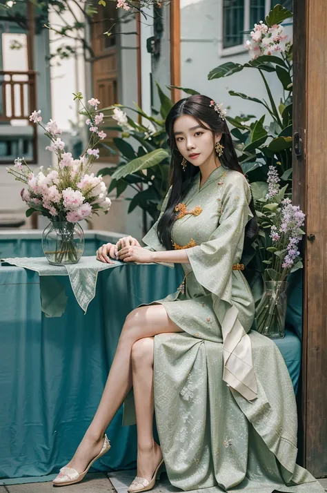 there is a woman sitting on a chair by a pool, long dress, beautiful asian woman sitting, wearing long gown, asian girl with long hair, ao dai, mai anh tran, lovely woman, gorgeous chinese model, beautiful asian woman, beautiful asian girl, a young asian w...