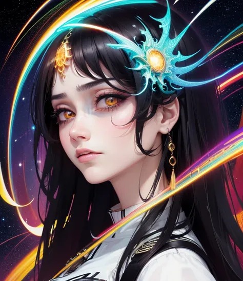 (masterpiece, top quality, best quality, official art, Beautiful and beautiful:1.2), (1 girl with long black hair), extremely detailed eyes, (fractal art:1.3), rich and colorful, most detailed, (perfect face), shiny skin, human development report, (univers...