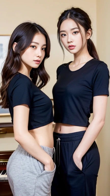 2 girls in the piano room, Navy blue short-sleeved shirt,Navy Long Trackpant,Sweatpants, Sweatpantsขายาว