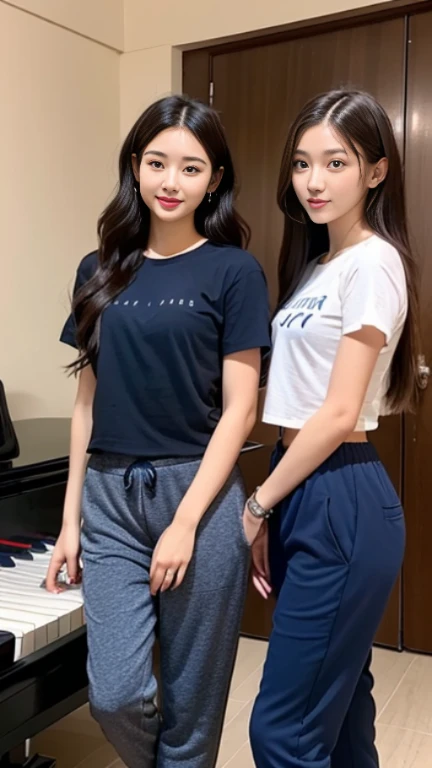 2 girls in the piano room, Navy blue short-sleeved shirt,Navy Long Trackpant,Sweatpants, Sweatpantsขายาว