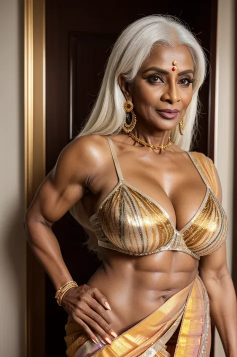 1female, a mature 50-year-old indian ifbb bimbo milf, dark skinned, white hair orange hair, intricate sheer iridescent sari, sparkling crystals embedded in the fabric, wearing a shiny gold tiger stripes print bra, detailed face, lipstick, thick lips, detai...