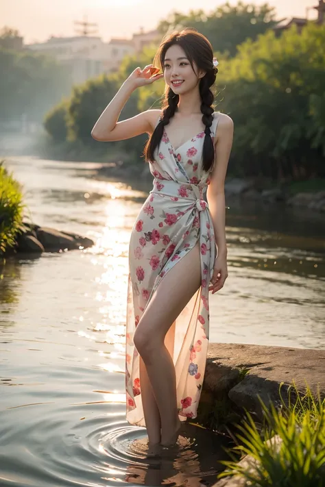 Camera lens，Real-world scenarios，Early morning sun exposure，There is mist，A young and beautiful Asian lady by the river，（（sittinng on the river，Feet in the water，Bend down，Hand stirs up water splash）），beautiful smile happy。（(The wind blows the skirt and ha...