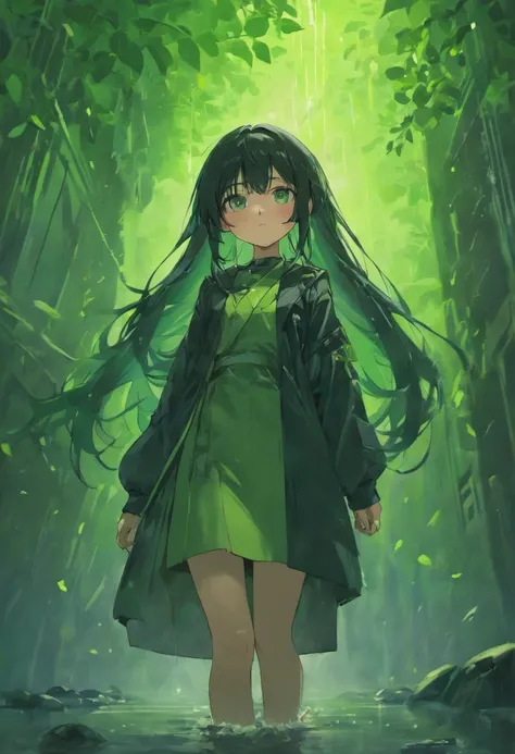 full body image，long black hair，masterpiece, and green theme,rain,riverside，Nature，A lot of people