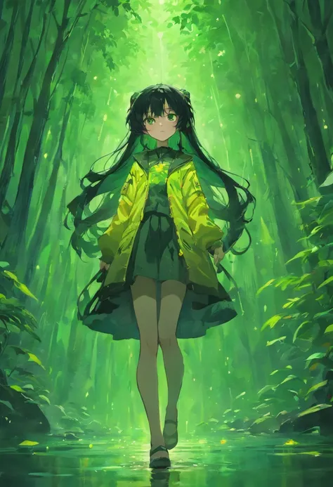 full body image，long black hair，masterpiece, and green theme,rain,riverside，Nature，A lot of people，reflection，There is sun，bright colors，Tree