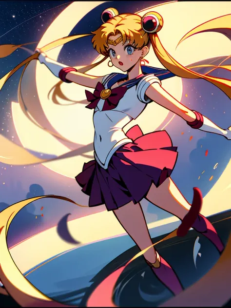 1 girl, sailor moon, best quality, fighting pose, impatient, worried, surprised, fear, :o, tentacles, scenery