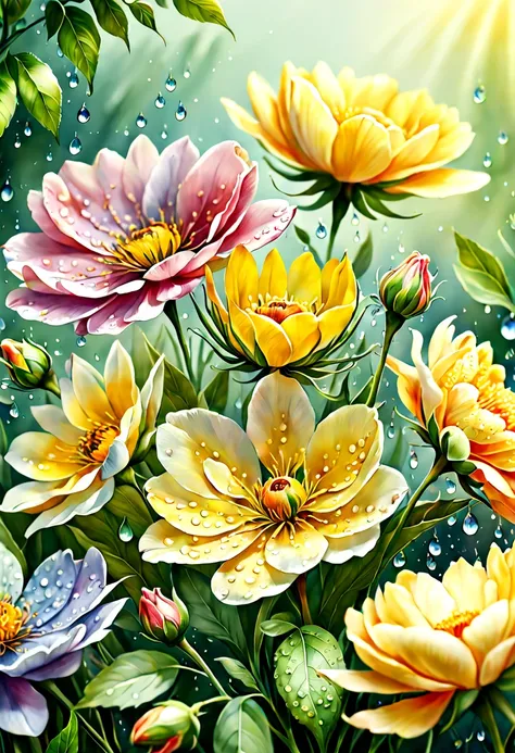 (best quality, 4k, 8k, high resolution, masterpiece:1.2), ultra-detailed, (realistic, photorealistic:1.37), vibrant watercolor flowers, assorted blooms, delicate petals, soft watercolor wash, (watercolor paper texture:1.1), (lush foliage:1.1), interplay of...