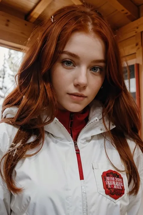 There is a woman with red hair and a white snowsuit, with red hair and green eyes, red-haired girl, cute young red-haired girl, red-haired girl, roter Kopf, mit lockigen roten Haaren, beautiful young model, sie ist rothaarig, Girl with red hair, eine rotha...