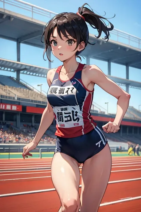 track and field athlete、arena、Beautiful woman running with all her might、backwards