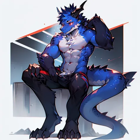 male purple dragon，blue scales，blue tail，Black horns，One of the corners is broken off，blood red eyes，male，Handsome，HD，4k，There are some black patterns on the body，strong，Scaly tail，There is a black bump on the tip of the tail，The tail is long，whole body，fr...