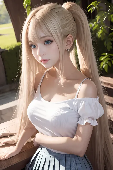 bright look、ponytail、young shiny glossy white shiny skin、best beauty、Blonde reflected light、Platinum blonde hair with dazzling highlights、shiny bright hair,、Super long straight hair、Shining beautiful bangs、Sparkling crystal clear charming big blue eyes、ver...