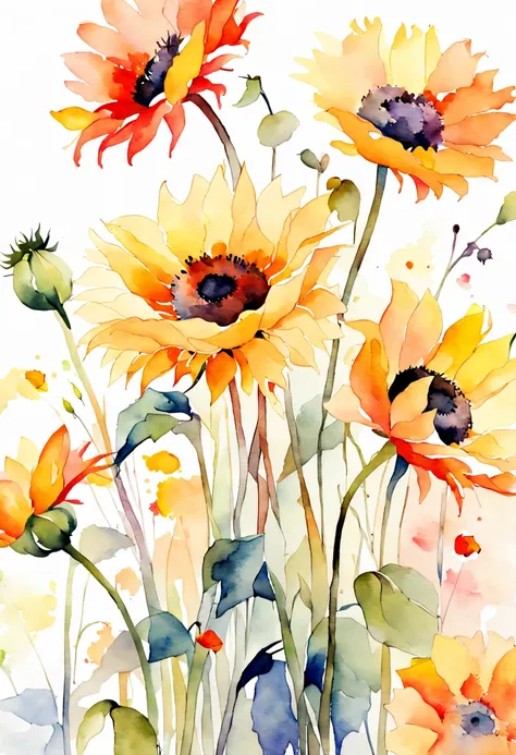 masterpiece, best quality, loose watercolor, sunflowers, poppies, soft strokes, bright colors, clean background, high resolution