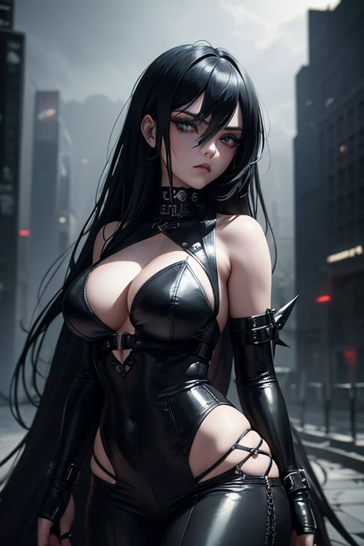 oriental gothic  vampire girl,cyberpunk,girl with big hips,leather collant,beautiful detailed eyes,beautiful detailed lips,extremely detailed eyes and face,long eyelashes,dark and mysterious background,portraits,highres,stunning lighting,richly colored,moo...