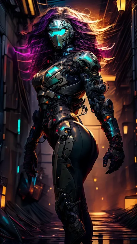 Realistic, perfect masterpiece, high quality, high resolution, highest image quality, 8k hd
1girl, 
Long dark purple hair, yellow eyes, glowing eyes, Cybernetic suit, mecha long skirt, armored dress, masks, Wild full-coverage helmets
Night, flowers, sun, s...