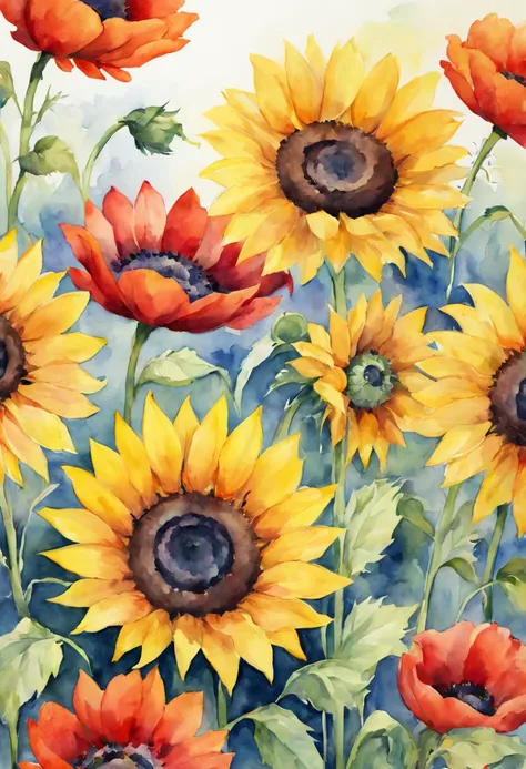 masterpiece, best quality, loose watercolor, sunflowers, poppies, soft strokes, bright colors, clean background, high resolution