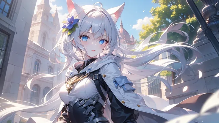 super high quality, with a girl, 20-year-old, very short hair, long bangs between the eyes, pale blue eyes , blue sky, sunlight, very detailed,(masterpiece、highest quality)、alone、gray hair、laughter、White skin as clear as snow、fantasy, silver hair, black ey...