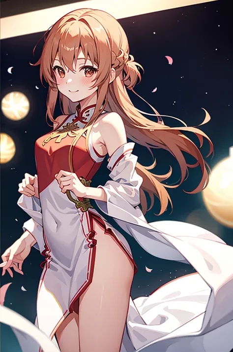 Asuna、sexy、Medium chest、Floating hair、red cheongsam、BREAK while watching the highest quality crowd、The chest is exposed、 Bedroom、blush、full body standing、blushing and smiling、Exposed skin、