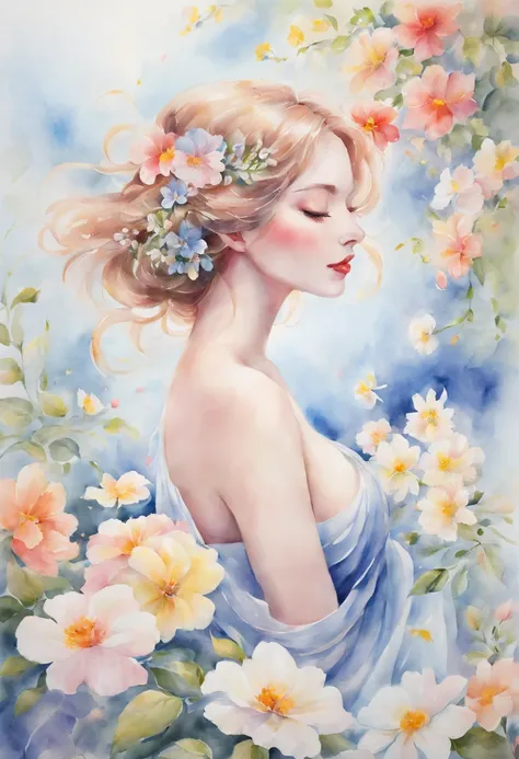 watercolor art，In this ethereal scenery, Dreams and reality are intertwined. The air is filled with the intoxicating fragrance of flowers, Exquisite perfume symphony. Flowers seem to release the soul, Their essence blends with the fragrant breeze that care...