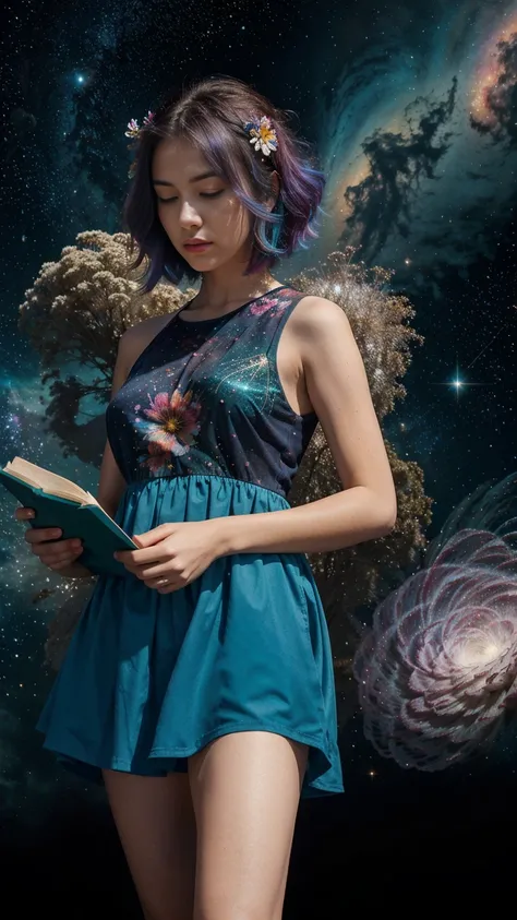 (best quality, masterpiece), 1girl, reading a book, particle, wind, flower, upper body, simple background, looking at viewer, rainbow colored hair, teal short floating dress, cosmic, nebulas, galaxy