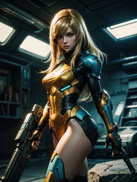 (Best quality), (Hi resolution), (unreal5), (1girl),  (sexy body armor), Samus from Metroid prime,  holding a shotgun, HDR, 4K, 3D, digital art.