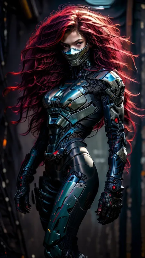 Realistic, perfect masterpiece, high quality, high resolution, highest image quality, 8k hd, 
1girl, 
Long dark blue-red hair, yellow eyes, glowing eyes, parted lips, blush, 
Cybernetic suit, mecha long skirt, armored dress, masks, Wild full-coverage helme...