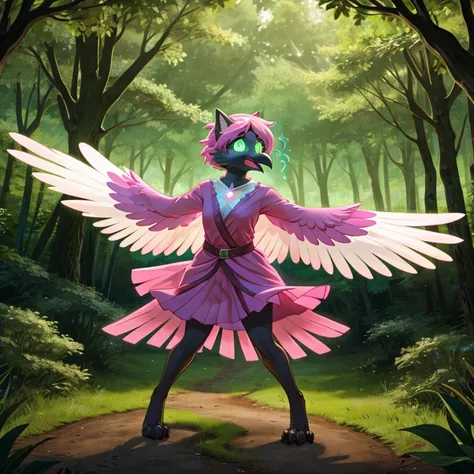 shocked and scared Female crow with White and pink feathers and glowing Green eyes there are some traces of magic floating around her she is in a forest