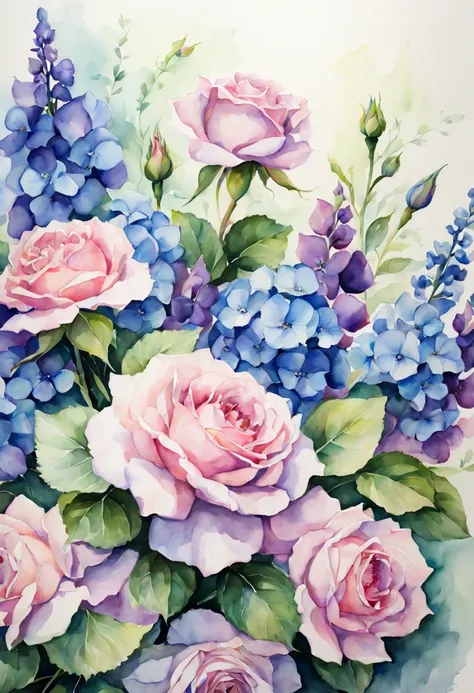 masterpiece, best quality, watercolor, flowers, pink roses, blue hydrangeas, purple irises, green leaves, soft lighting, depth of field