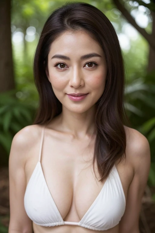 seed no.2980230163、micro bikini、Swimwear in small sizes、Small size white bikini、dark brown hair, light brown eyes, Japanese actress face, woman, Japanese actress in her 50s,beautiful aunt, (highest quality: 1.4), (ultra high resolution: 1.2), ultra high re...