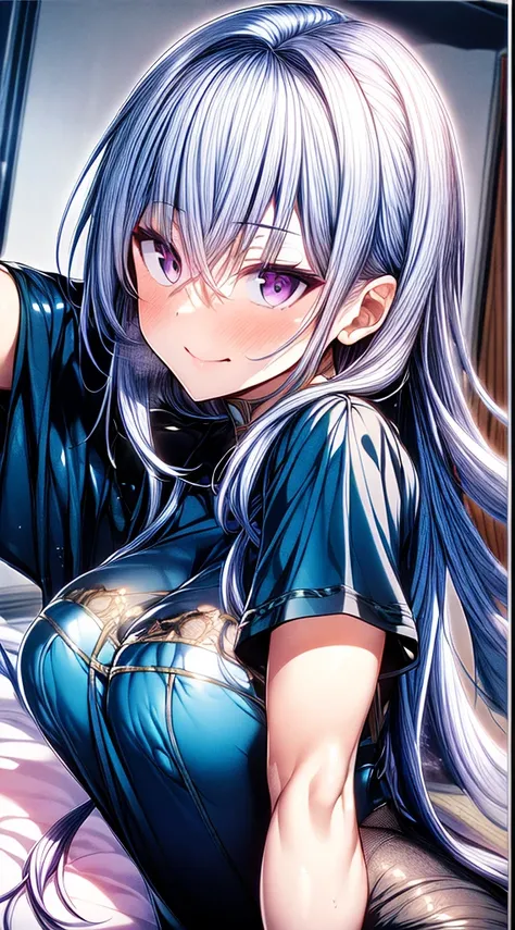 （Enrich the picture，Masterpiece level quality）Beautiful 8K CG artwork,1girl,solo,rinko akiyama(taimanin),detailed face, perfect face, perfect eyes,purple eyes,Long Hair,Very long hair,hair between eyes,blue hair,big boob,Slim and soft,big breasts,in the be...