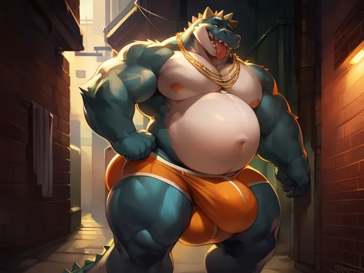 Solo, male, muscular, giant, enormous, buff, strong, massive biceps, massive pecs, rex, alligator, orange underwear, massive bulge, detailed bulge, by darkgem, by mystikfox61, by glitter trap boy, alleyway, muscle gut, expanding belly, huge belly, heavy be...