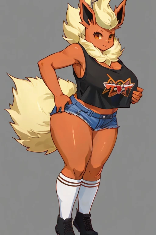 ((Flareon)), anthropomorphic, big boobs, big ass, pokemorph, (((1girl))), (((black cropped tank top))), (denim short shorts), (black flats), cute and sexy, red skin, (white thigh high socks), long legs