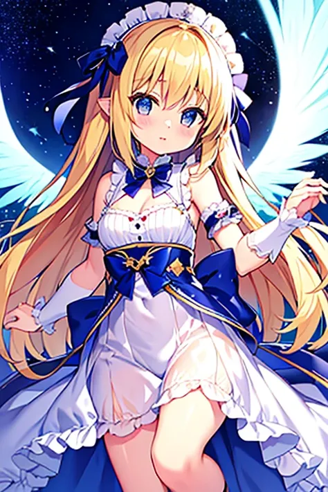 (masterpiece)、(best quality)、(Super detailed)、official art、One little girl、blonde loli、angel of light dress、No sleeve、See-through、small breasts、modest chest、cleavage、thigh focus、Card Illustration、shine